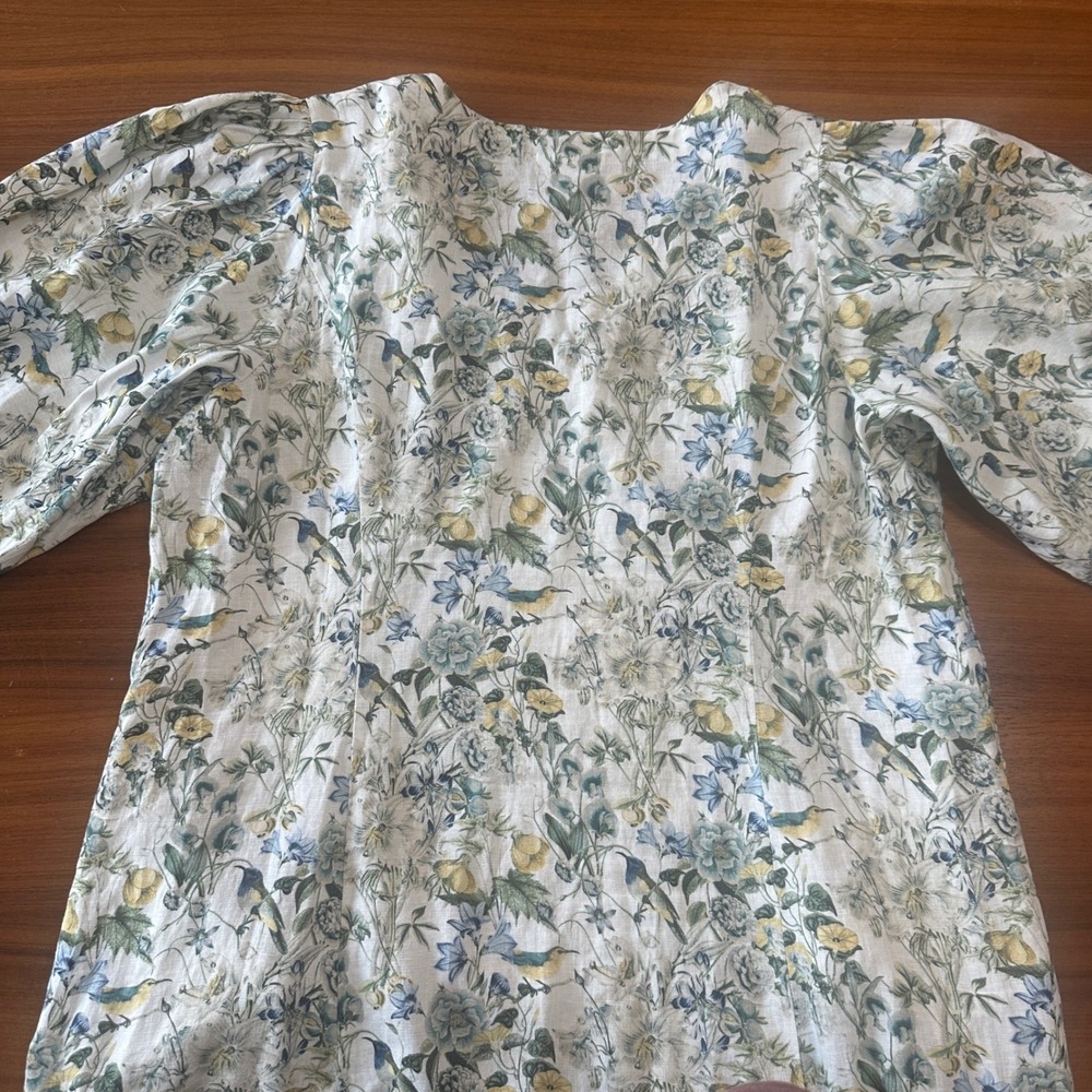 J.Jill Linen Midi Dress Large Lucite Bird Utopia Puff Sleeve Cottage Coastal - Picture 14 of 16